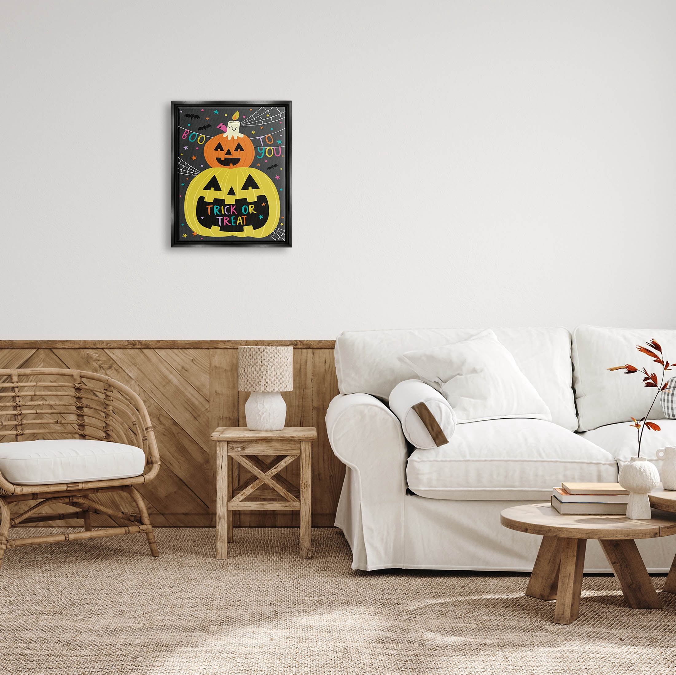 Stupell Industries Boo To You Fun Jack-O-Lanterns Graphic Art Jet Black Floating Framed Canvas Print Wall Art, Design by Lisa Barlow