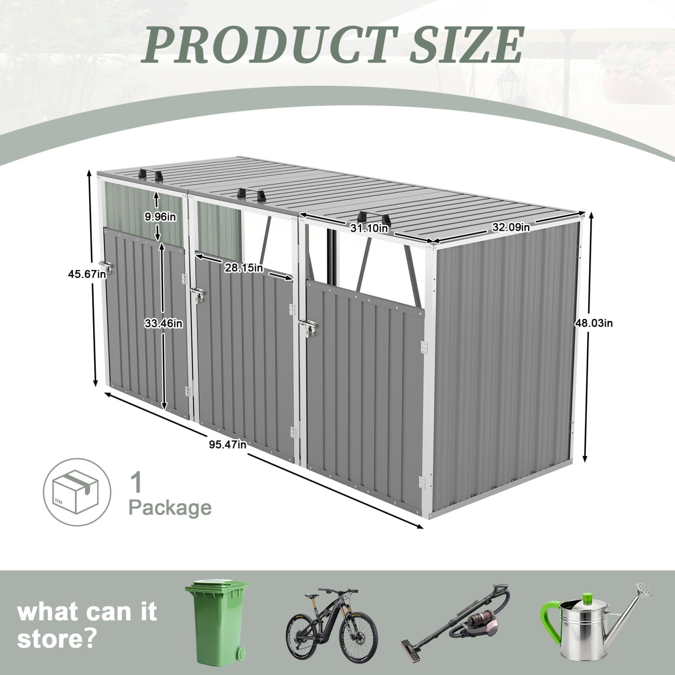 Outdoor Trash Can Storage Shed, 120 Cu.Ft Metal Garbage Bin Storage Shed with Lockable Doors, Waterproof Horizontal Storage Cabinet for 3 Trash Bins, Light Gray