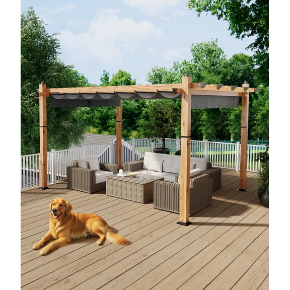 10 x 13 ft Wood-Grain Outdoor Pergola with Retractable Canopy UV Protection Rust-Resistant Sturdy 4-Side Base for Patio Garden Backyard Deck (Gray)