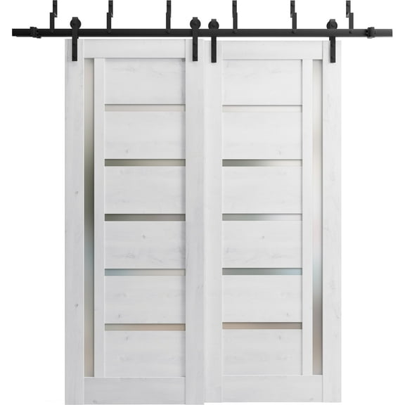 Sliding Closet Barn Bypass Doors 64 x 84 inches | Quadro 4088 Nordic White with Frosted Glass | Sturdy 6.6ft Rails Hardware Set | Wood Solid Bedroom Wardrobe Doors