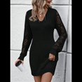 thumbnail image 4 of Women'S Mini Fitted Crochet Hollow-Out Sweater Sexy- Dress Dressy Casual Long Sleeve V Neck Knit Dresses Black L, 4 of 8