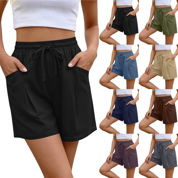 Bloomae Linen Shorts Women Casual Wide Leg High Waisted Summer Short Pants Lightweight Comfy Elastic Waist Drawstring Beach Shorts with Pockets Green S
