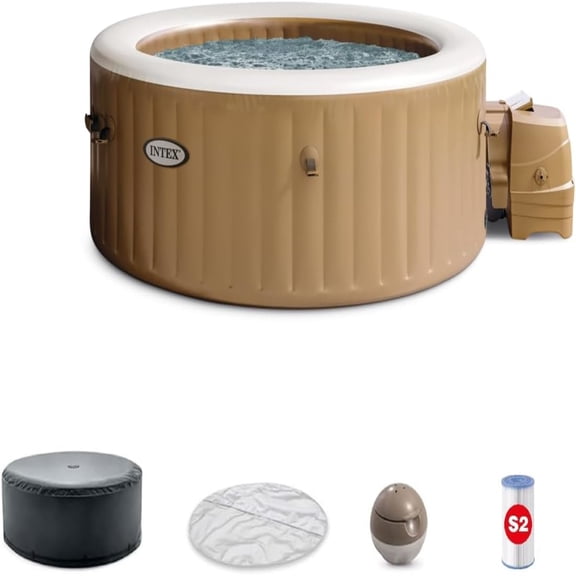 Intex: PureSpa: Sahara Tan Inflatable Hot Tub Set - 4 Person - 77" Round Outdoor Heated Bubble Spa, Jet Massage, Cover, Hard Water Treatment System