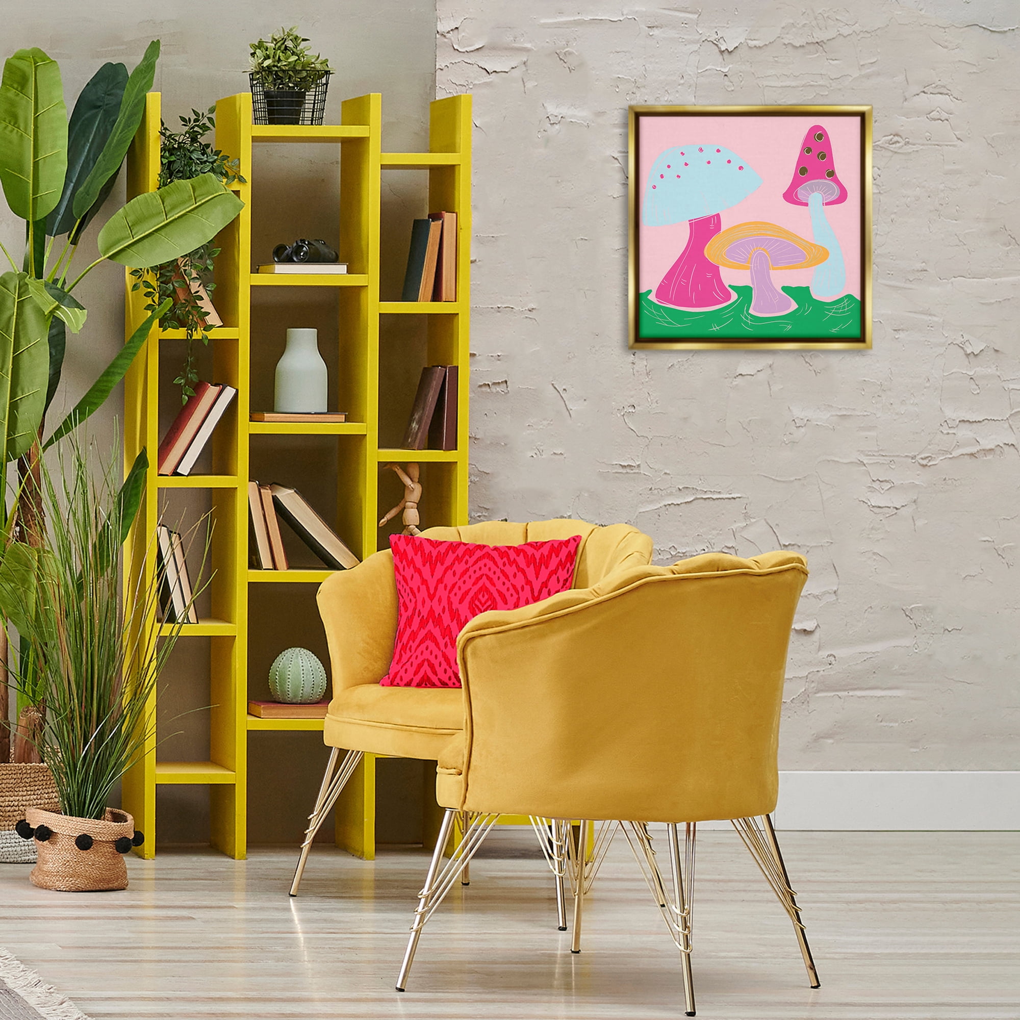 Stupell Industries Groovy Mushrooms Dancing Plants & Flowers Painting Gold Floater Framed Canvas Art Print Wall Art, 18 x 18