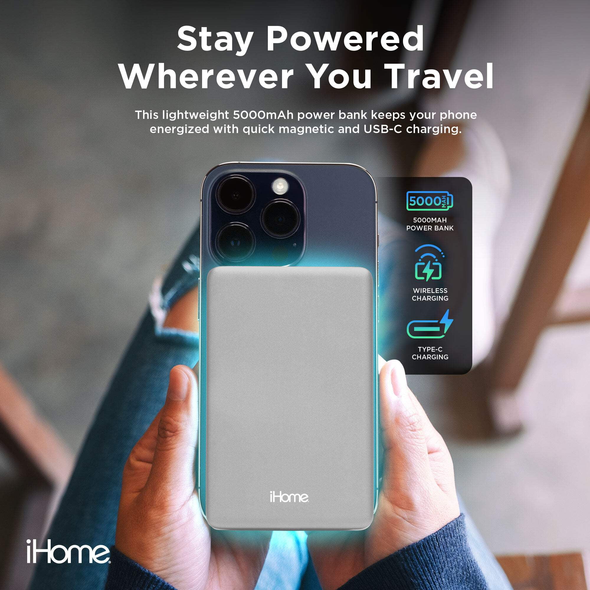 iHome 5000mAh Magnetic Portable Power Bank, Wireless Charging, USB-C Input/Output, MagSafe Compatible for iPhone 12 & Newer