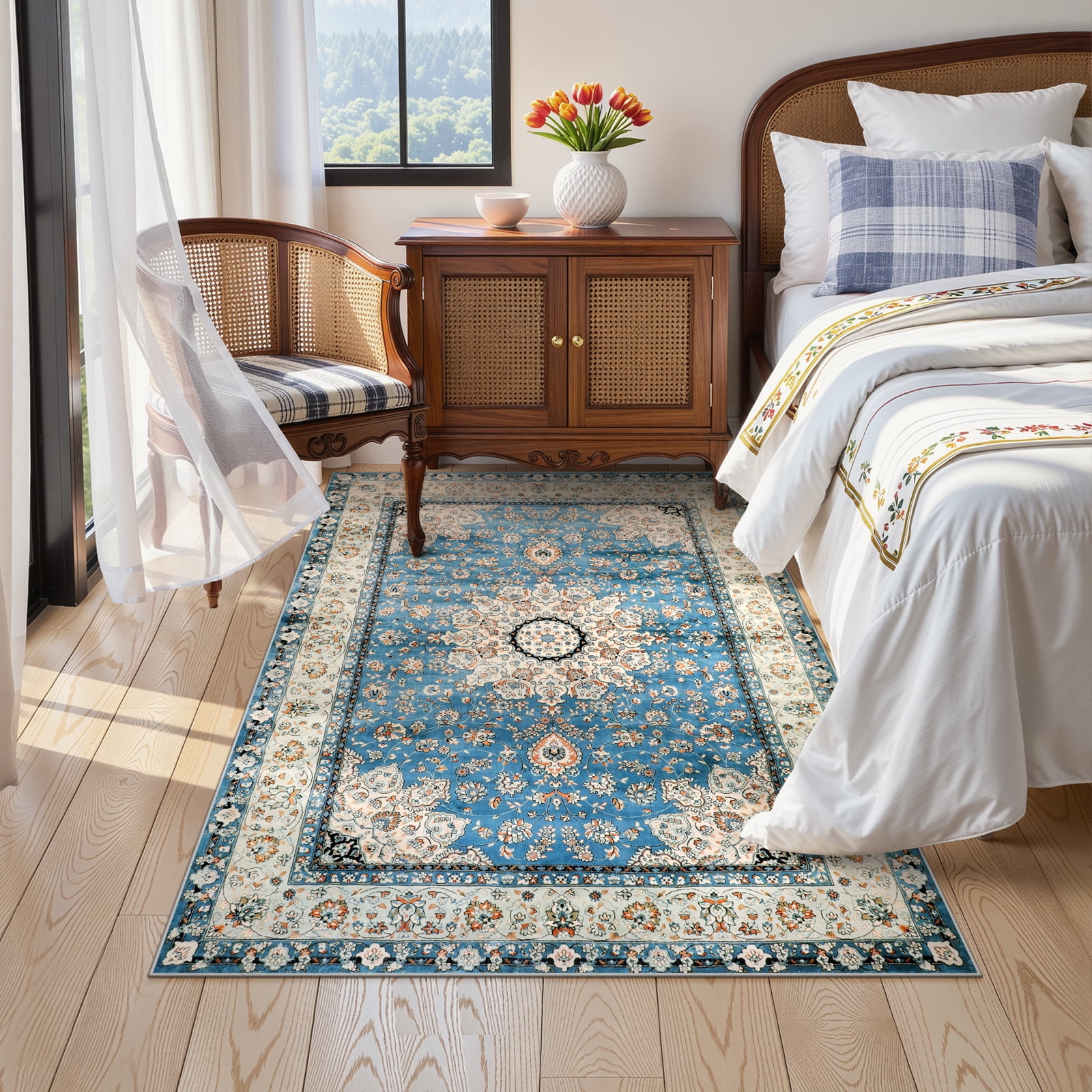 Wonnitar Boho Tribal 4'x6' Area Rug for Living Room, Washable Rug for Bedroom Vintage Oriental Accent Rug for Dinning Room Office Non Ship Low Pile Stain Resistant, Light Blue