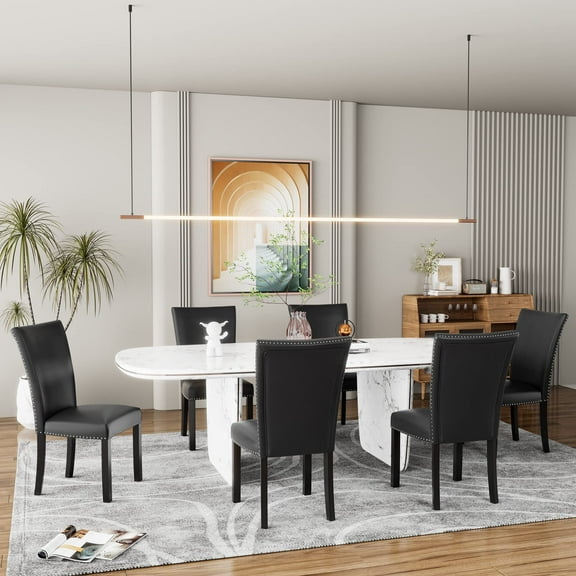 JESONVID Set of 6 Parsons Dining Chairs Faux Leather Kitchen Chair with Solid Wooden Legs Upholstered Soft Leather Padded Chairs with Nail-Head Trim-Black