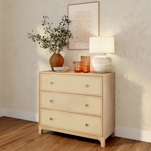 Elio Rattan 3 Drawer Dresser with Brass Knob, Blonde