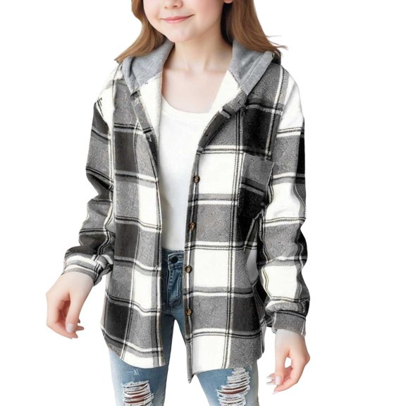 SHUNSUI Girls Cute Flannel Plaid Button Down Top with Pockets Long Sleeve Hooded Jacket