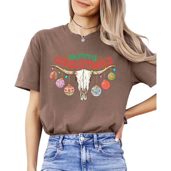 Merry Christmas Western Shirt for Women and Teens Festive Bull Skull Country Graphic Tee Espresso Shirt Adult 2XL