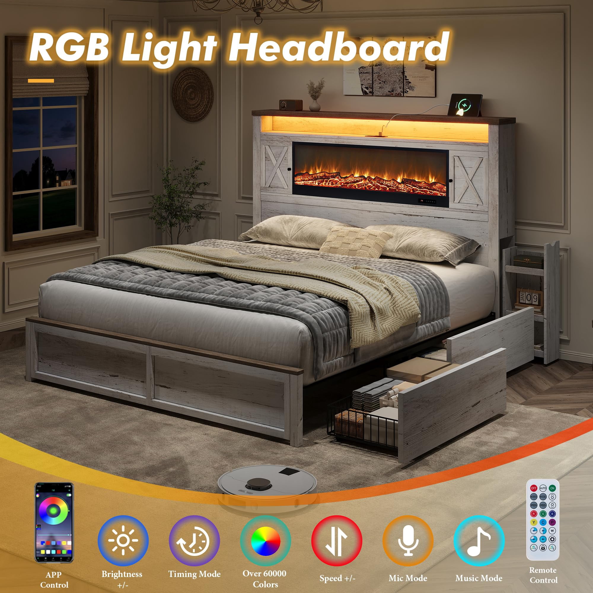 Amerlife Queen Bed Frame with Fireplace, Farmhouse with 57" Headboard, Barn Door Cabinets, 4 Drawers, RGB LED & Charging Station, Distressed White