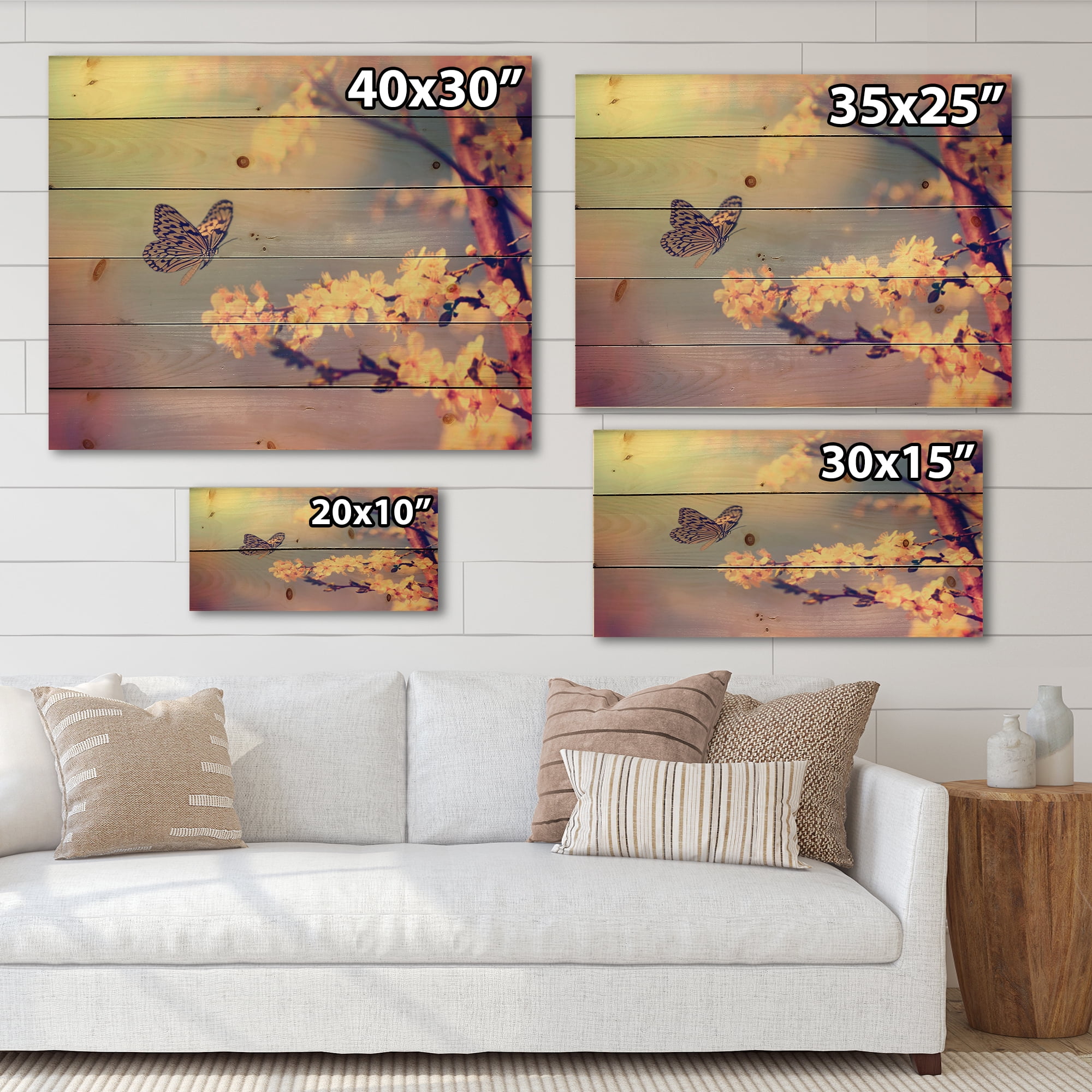 Designart 'Ancient Butterfly Flying To A White Flower' Traditional Print on Natural Pine Wood