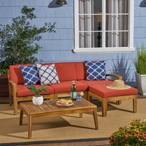 Wilcox Outdoor 5 Piece Acacia Wood Sectional Sofa Set with Cushions, Teak, Red