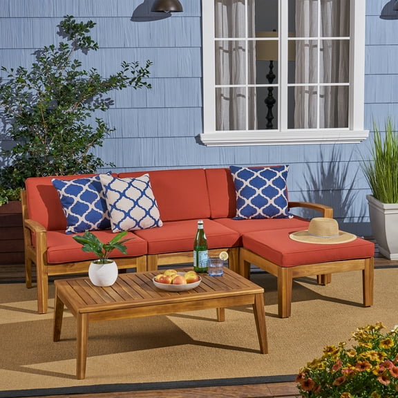 Wilcox Outdoor 5 Piece Acacia Wood Sectional Sofa Set with Cushions, Teak, Red