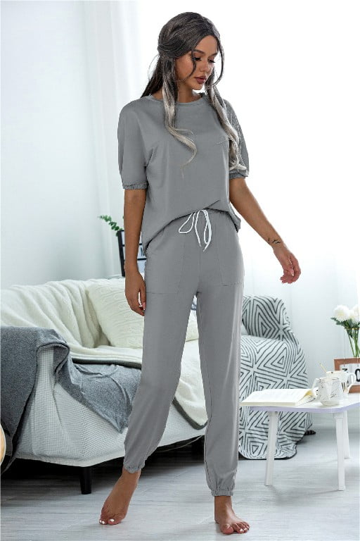 Womens Ladies Short Frill Ruched Puff Sleeve Top Bottom Loungewear Tracksuit Set 