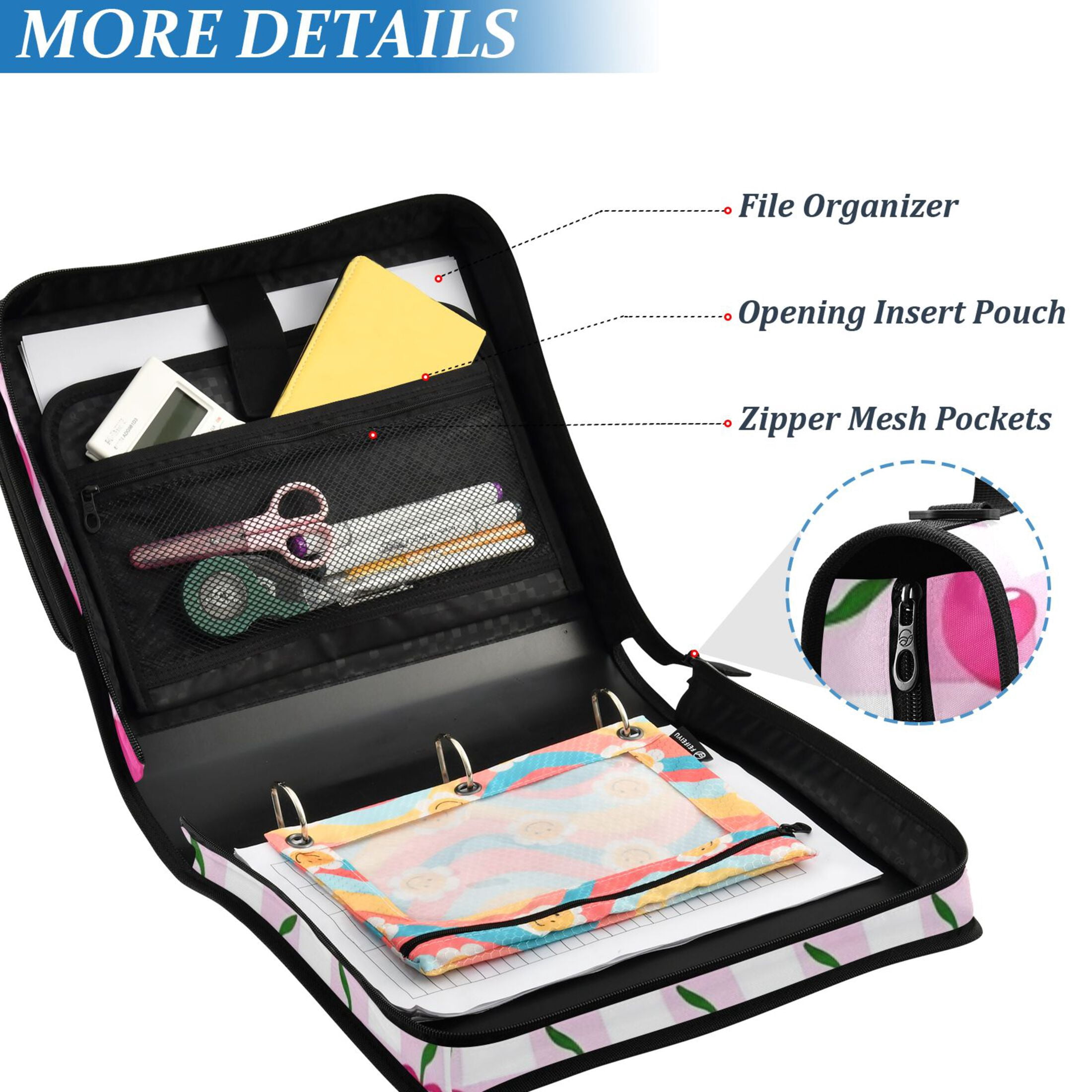 3 Ring Zipper Binder with Shoulder Strap Waterproof Trapper Keeper 2 Inch D-Ring 500 Sheets Capacity Cherry with Gingham