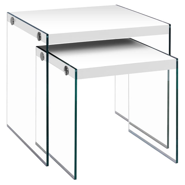 Monarch Specialties Nesting Table, Set Of 2, Side, End, Accent, Living Room, Bedroom, Tempered Glass, Laminate, Glossy White, Clear, Contemporary, Modern