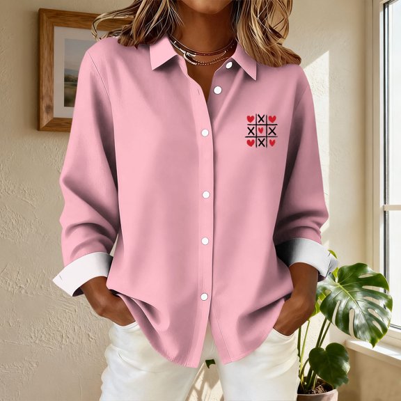 NTACZA Button Down Womens Tops Pink Valentine's Day Collared Tees formal Regular Fit Business Dress Shirt Women Shirts L