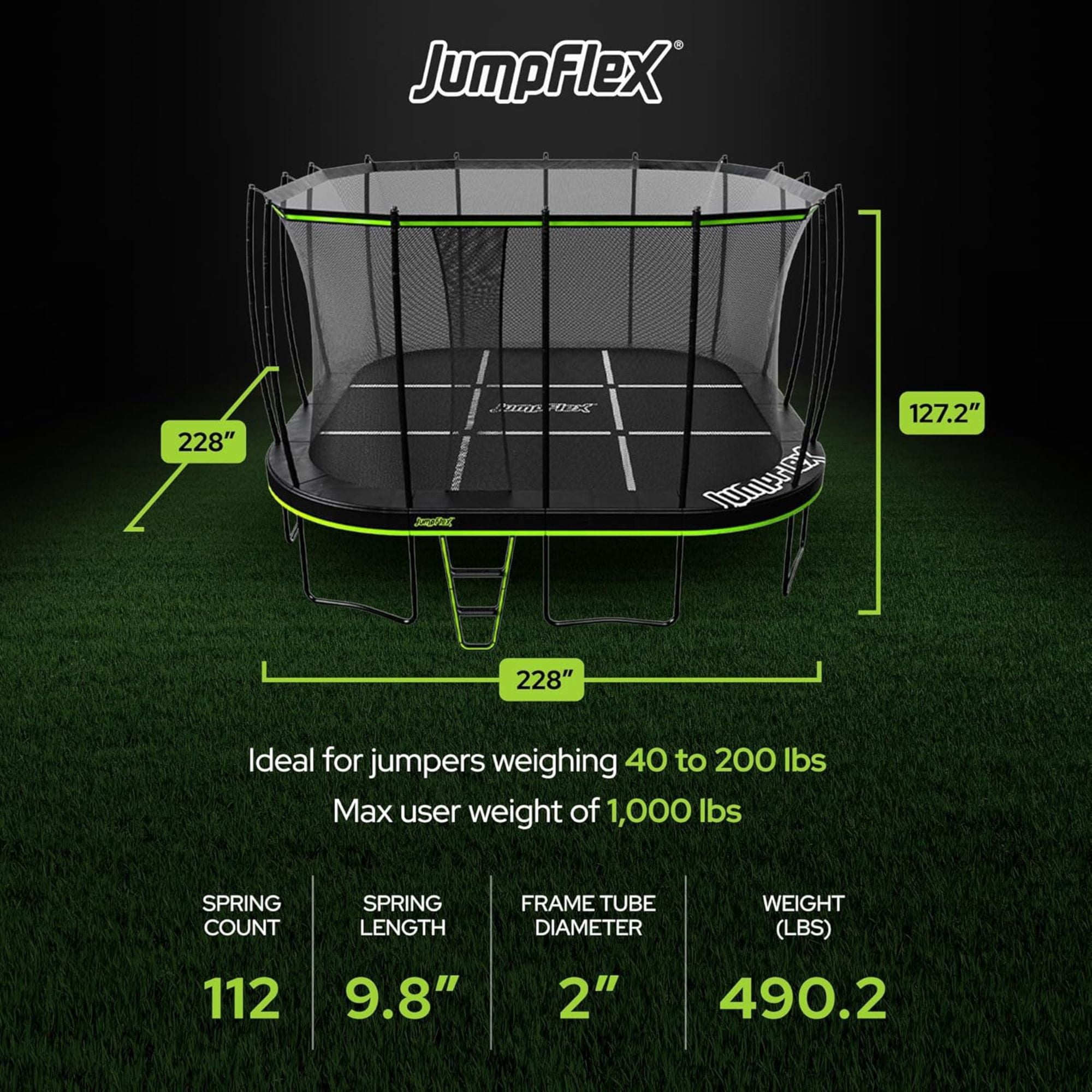 JumpFlex 19' Trampoline MEGA Outdoor Playset with Net and Ladder, Green/Black