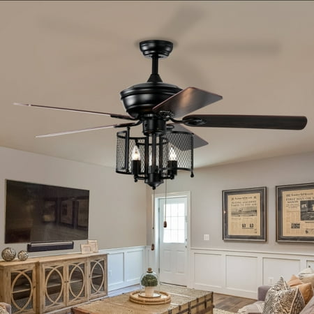

52 Farmhouse Ceiling Fan 5PCS Dual Finish Blades Industrial Fandelier for Living room Bedroom Patio --Matte Black--Hand Pull Chain