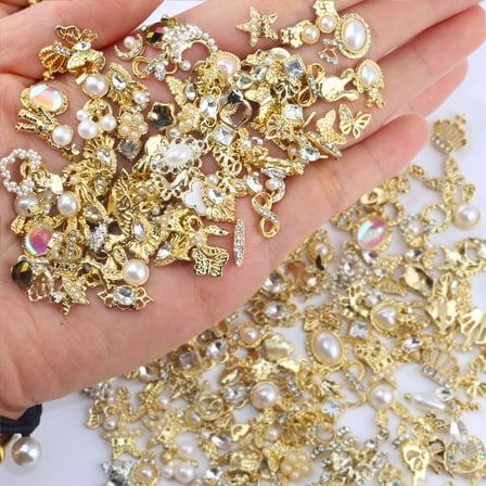 50pcs/bag Gold Nail Charms for Acrylic Nails, Mix Styles Shiny Pearl Alloy Nail Rhinestones Flower Butterfly Heart Star Charms for Nails Women Nail Jewels Nail Decorations for Nail Art Charms