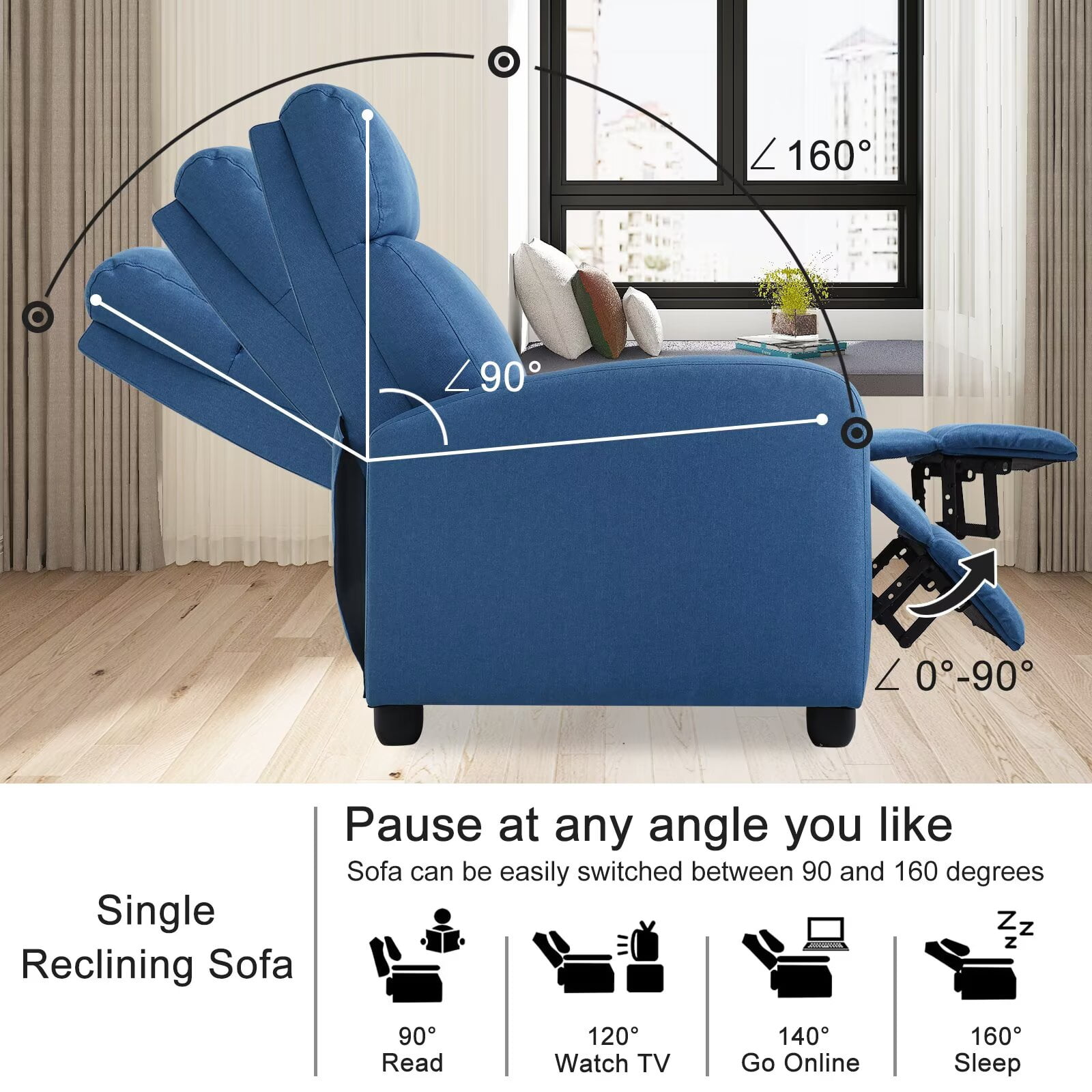 YRLLENSDAN Fabric Recliner Chair for Living Room Home Theater Seating, Adjustable Single Sofa for Adults, Reading Chair with Padded Seat Backrest and Footrest, Blue