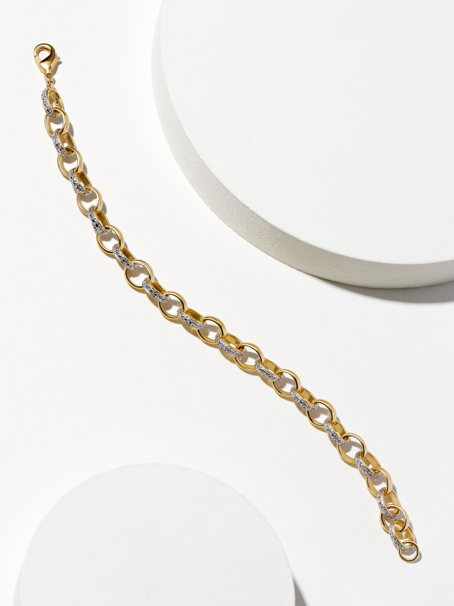 18k Gold plated oval heavy link chain bracelet featuring diamond illusion rhodium plated alternatimg links in Bronze 7.25"