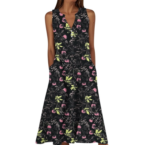 Edvintorg Womens Dresses Casual Loose Fit Sleeveless V Neck Floral Maxi Dress Dress with Pockets Plus Size Fashion Womens Long Dresses Multicolor S