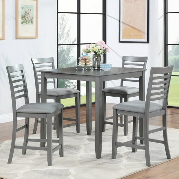 Noble House 5-Piece Counter Height Dining Set, 36"H Square Wooden Table with Upholstered Chairs for Kitchen, Gray
