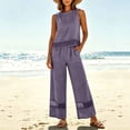 thumbnail image 2 of Floleo Women's 2-Piece Linen Blend Outfit Set Sleeveless Lace Trim Top & Elastic Waist Wide Leg Pants Casual Summer Set for Beach Travel Daily Wear(Purple,M), 2 of 8