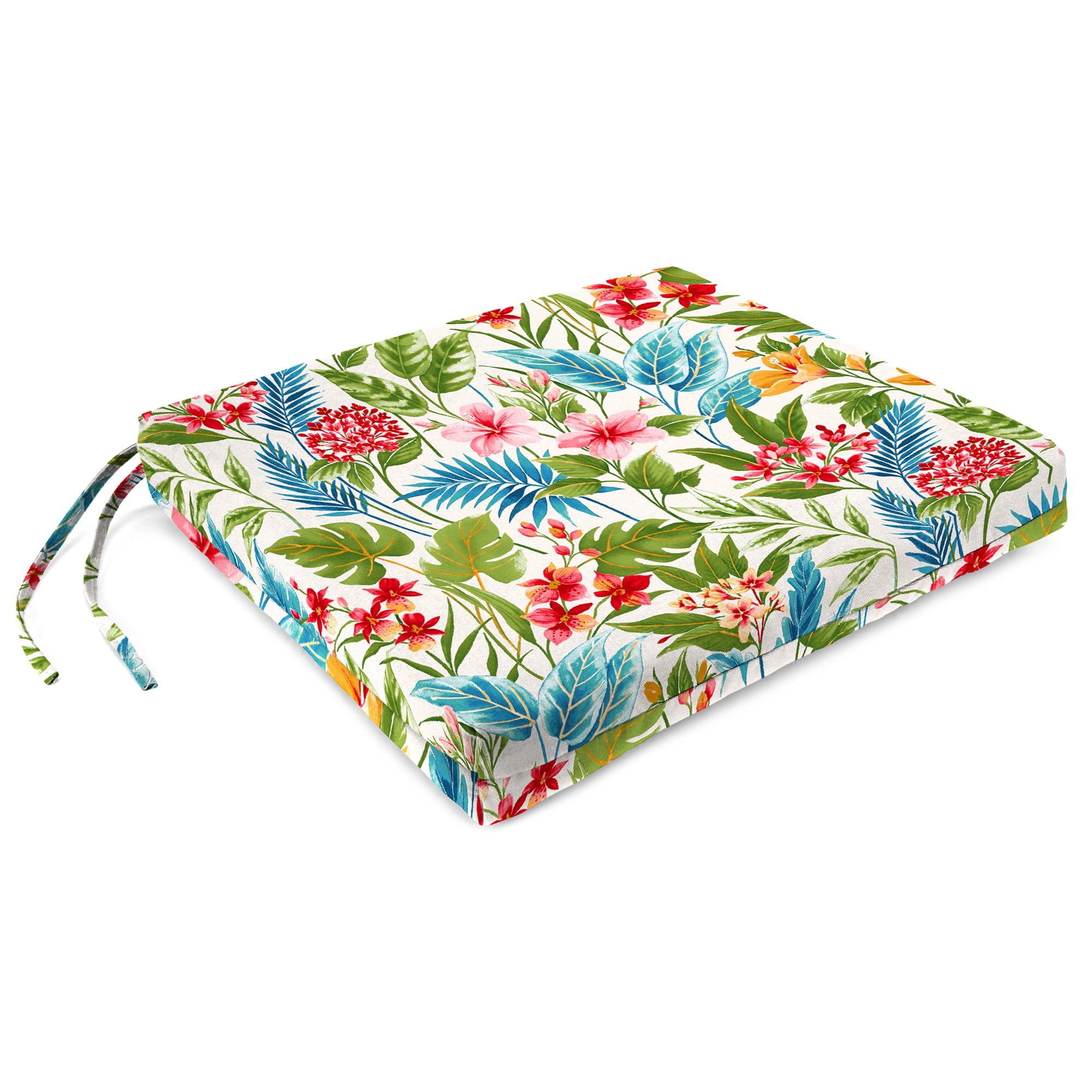 Jordan Manufacturing 17" x 19" Carena Multi White Floral Rectangular Outdoor Chair Pad Seat Cushion with Ties (2 Pack)