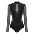 thumbnail image 3 of TiaoBug Women's Gymnastics Leotard Ballet Dance Top Long Sleeve Rhinestones Mesh Figure Ice Skating Bodysuit Black S, 3 of 5
