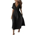 thumbnail image 2 of SMihono Women's Long Flowy Dress Elegant V Neck Short Sleeve Tie Front Summer Vacation Party Cotton Midi Dresses Black S, 2 of 9