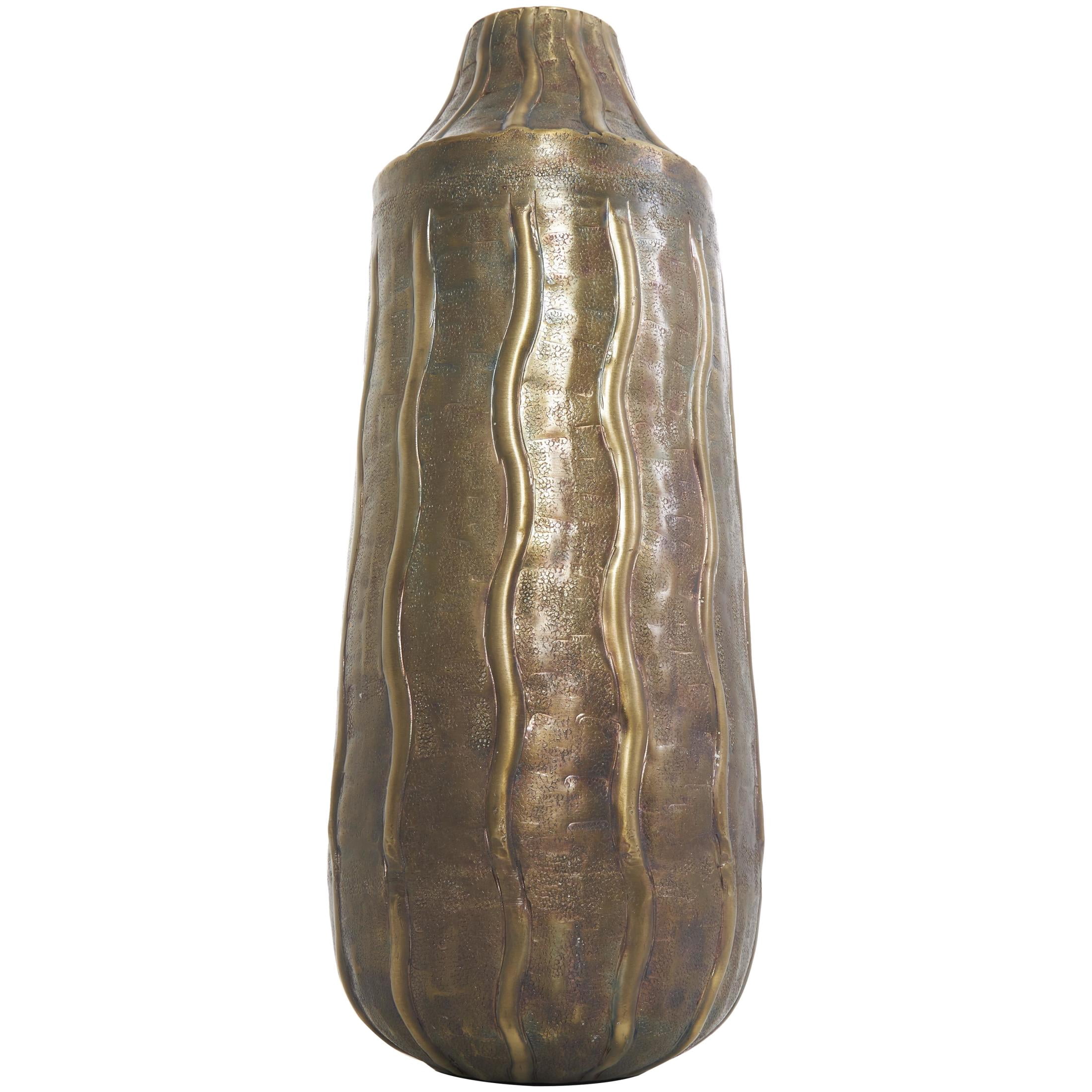 DecMode Brass Metal Snakeskin Inspired Decorative Vase with Dimensional Wavy Accents, 7" x 7" x 17"