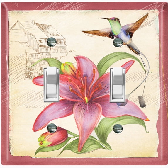 Metal Light Switch Plate Cover Antique Floral Hummingbird Home Sketch Red FLW102