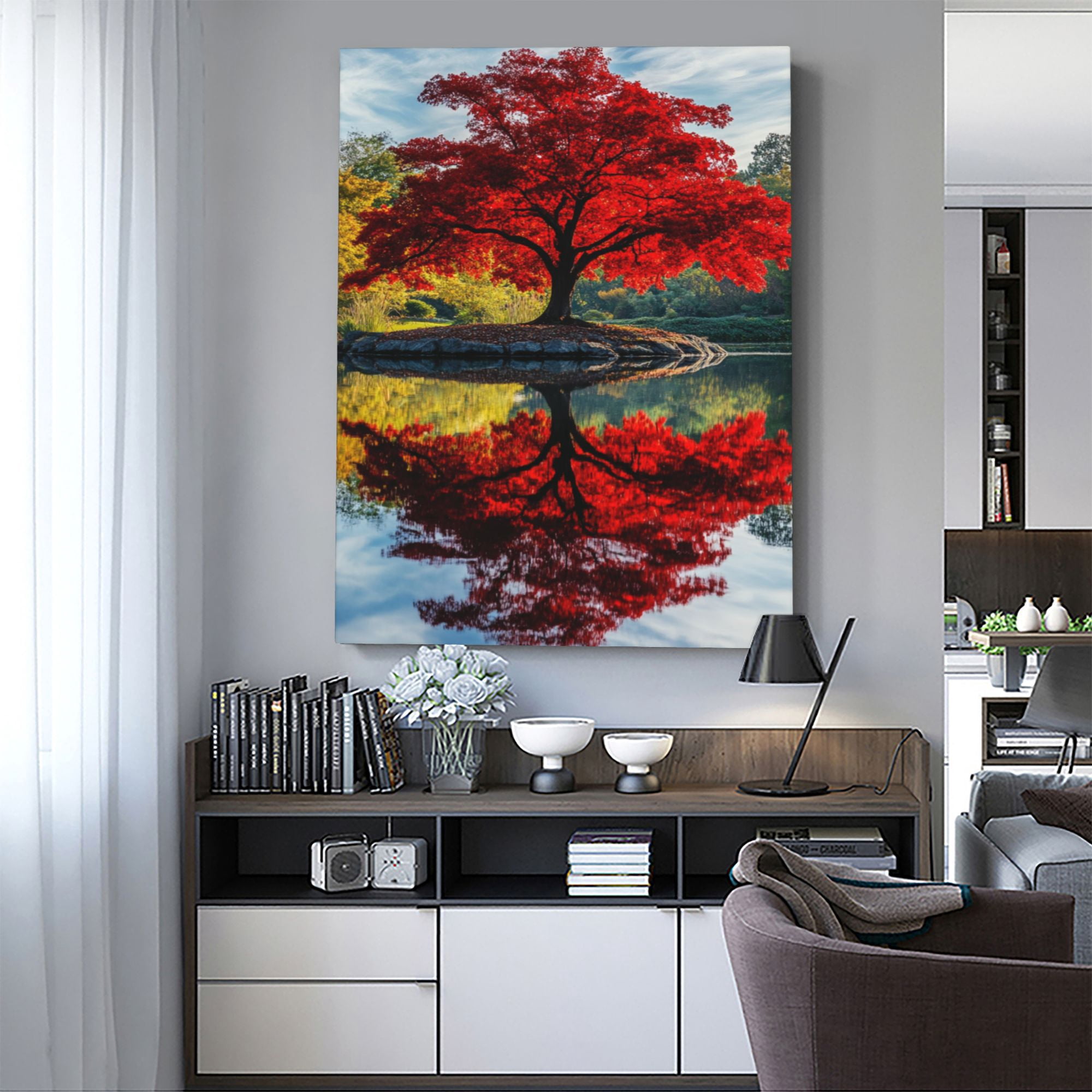 CozyNet Peaceful Japanese Maple Tree With Red Leaves Reflecting On