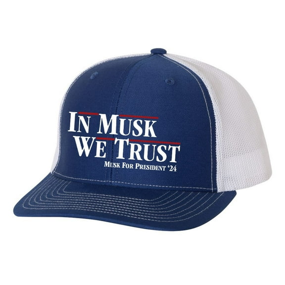 In Musk We Trust Elon for President 2024 Funny Men's Embroidered Mesh Back Trucker Hat, Royal/White