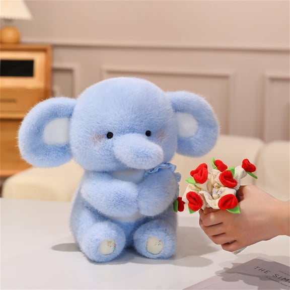 The Little Elephant Plush Doll Holding Roses, Valentine's Day Plush Toy, Couple's Plush Little Elephant Doll, Valentine's Day Gift for Girls, Blue