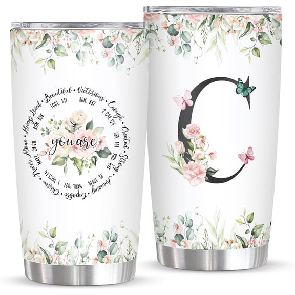 Personalized Initial C Tumbler 20oz: Monogrammed Christian Gift for Women – Birthday Mother's Day Religious Inspiration – Custom Coffee Mug with Elegant Design