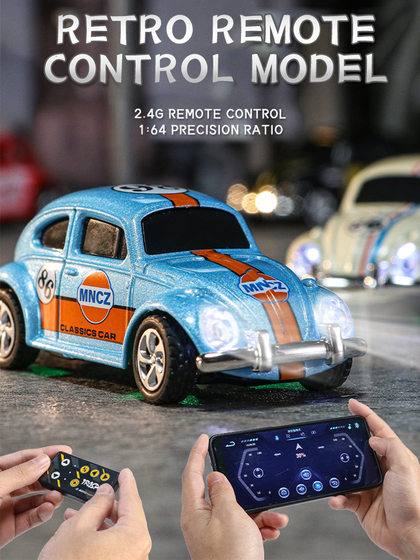1: 64 mini Beetle remote control car: 2.4GHz dual control, alloy body, three speed regulation, adjustable steering
