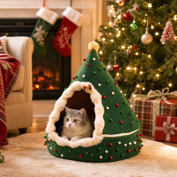 Pet Kennel Soft Enclosed Warm Deep Sleeping Bed for Cats and Small Dogs with Christmas Theme