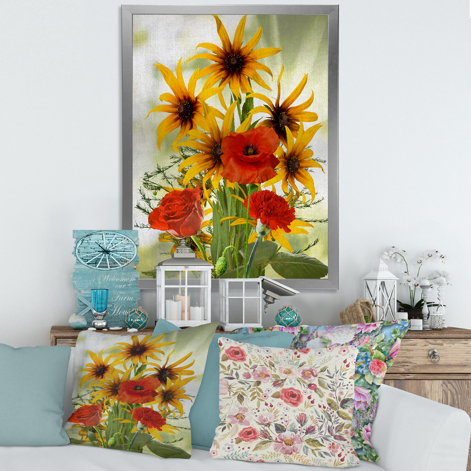 Designart 'Poppies and Sunflowers In The Wild' Traditional Framed Art Print