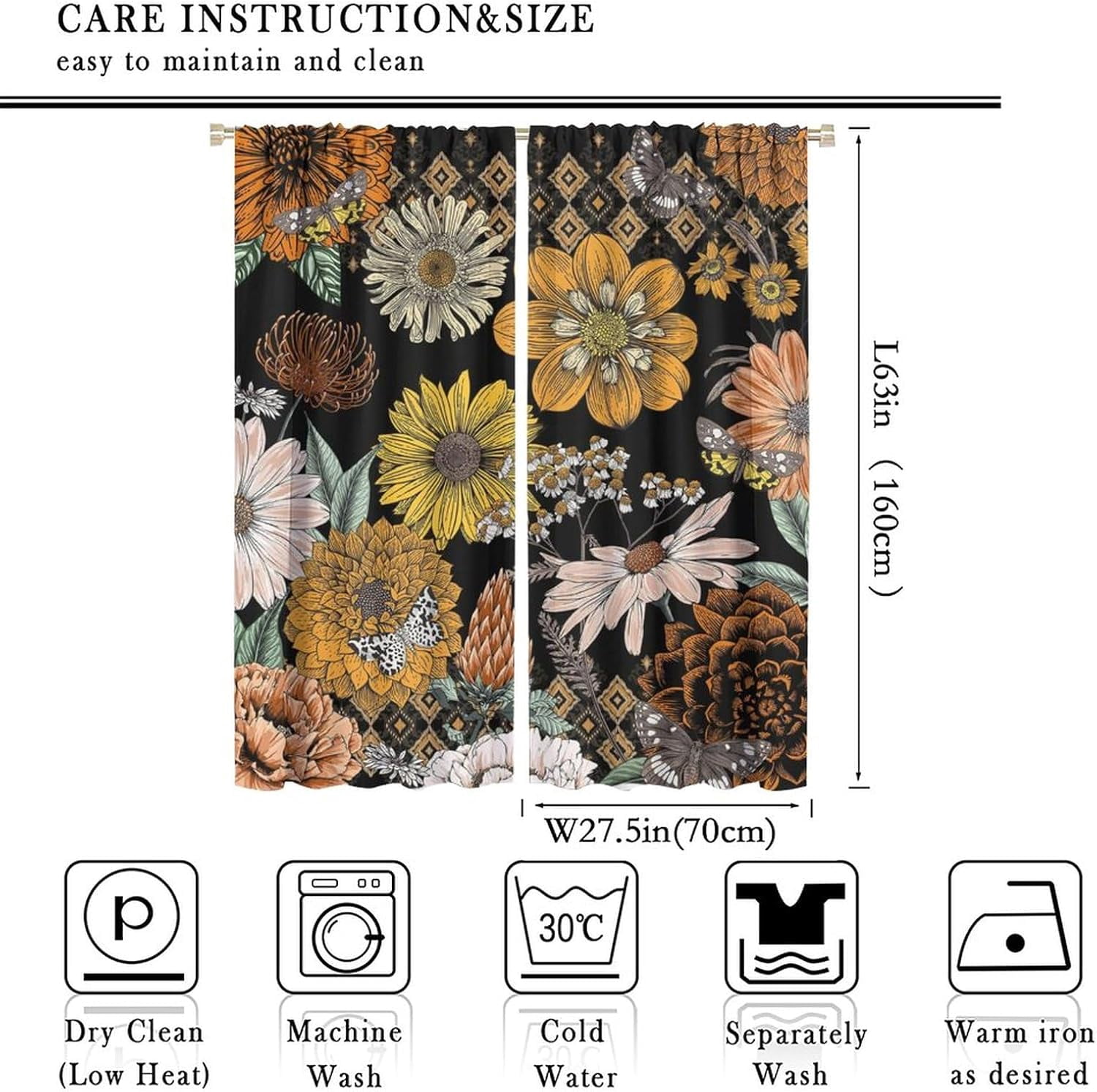 Boho Flower Curtains for Living Room, Vintage Paisley Floral Window Treament for Bedroom, Retro Bohemian Floral Print Blackout Drapes 2 Panel Sets,55x63 Inch