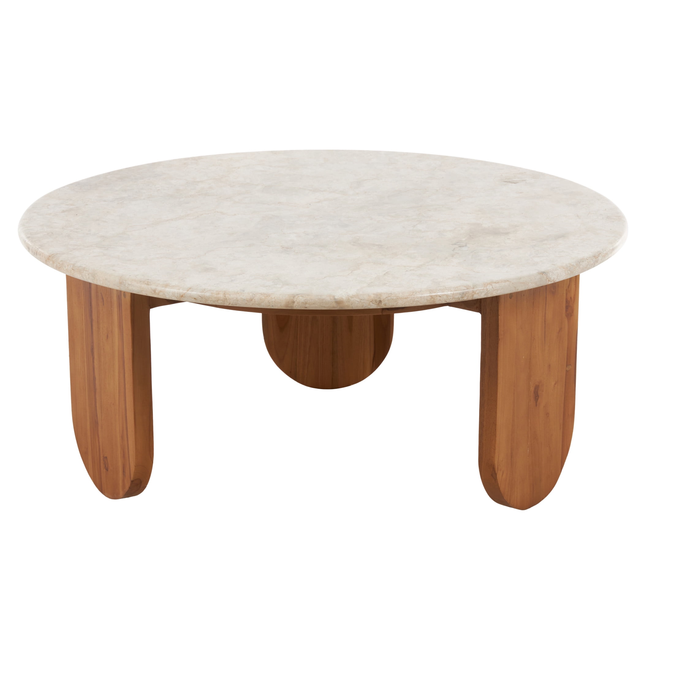DecMode 36" x 15" Brown Teak Wood Handmade Coffee Table with Beige Marble Tabletop, 1-Piece