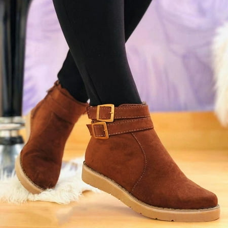 

TALKVE Womens Shoes Fashion Lightweight Round Toe Thick Sole Flat Suede Low Tube Metal Buckle Short Boots