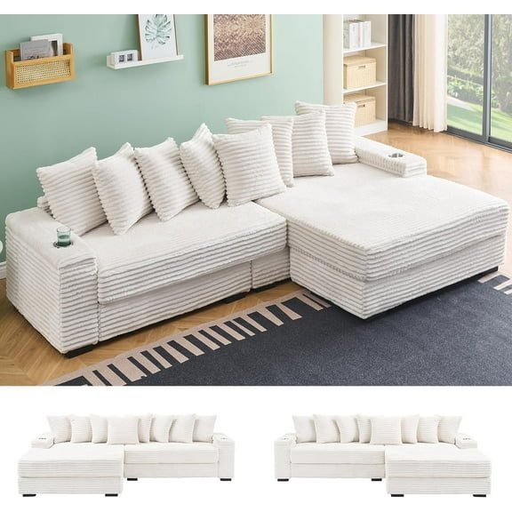 114" Corduroy Sofa with Cup Holders & Storage, L Shaped Sleeper Cloud Couch Set w/Reversible Chaise Lounge, Living Room Oversized Upholstered SofaBed for Apartment, Easy Assembly, Beige