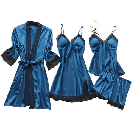 Womens ClearanceWomen  Silk Satin Pajamas Set 4pcs Lingerie Floral Lace Cami Sleepwear with Robe