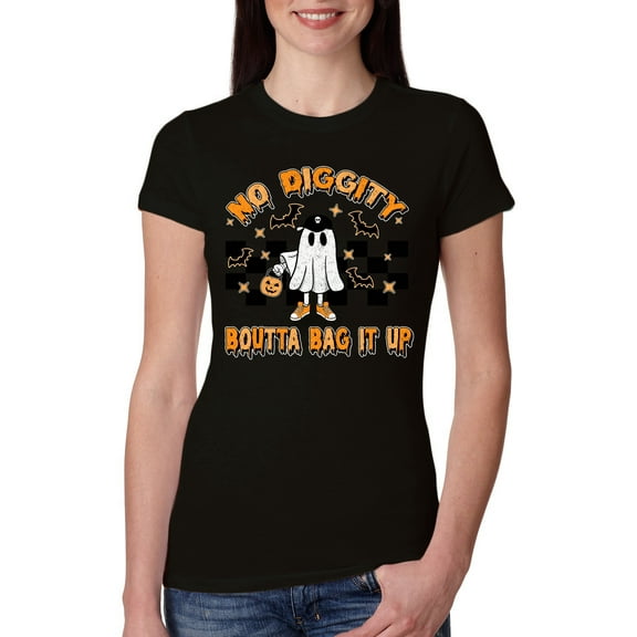 Wild Bobby No Diggity Boutta Bag it Up Ghost Bats Stars Pumpkin Halloween Orange and Black Halloween Women Slim Fit Junior Tee, Black, Small