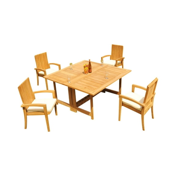 Grade-A Teak Dining Set: 4 Seater 5 Pc: 60" Square Rectangle Butterfly Table And 4 Goa Stackng Arm Chairs Outdoor Patio WholesaleTeak #51GO1405