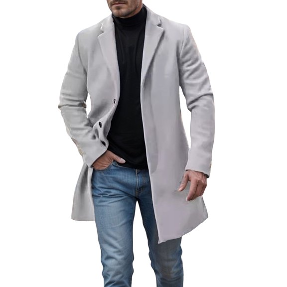 comerut Men Woolen Coat Lapel Long Sleeve Single-Breasted Solid Color Mid-length Coat Autumn Winter Warm Outwear